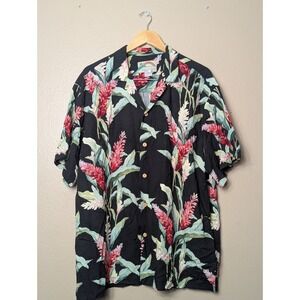 Paradise Found Hawaiian Shirt Men XL Black Red Ginger Floral Aloha Camp Rayon